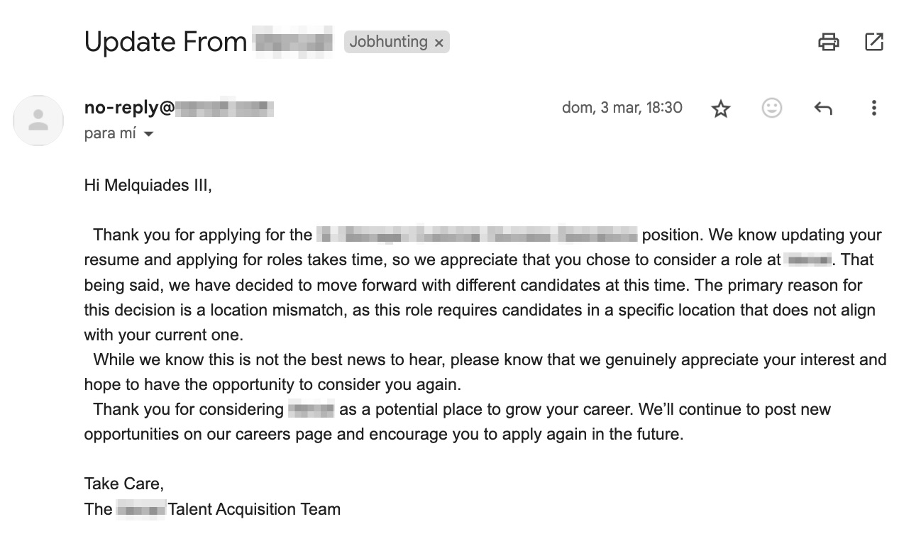 Job Rejection Email Due to Location Mismatch